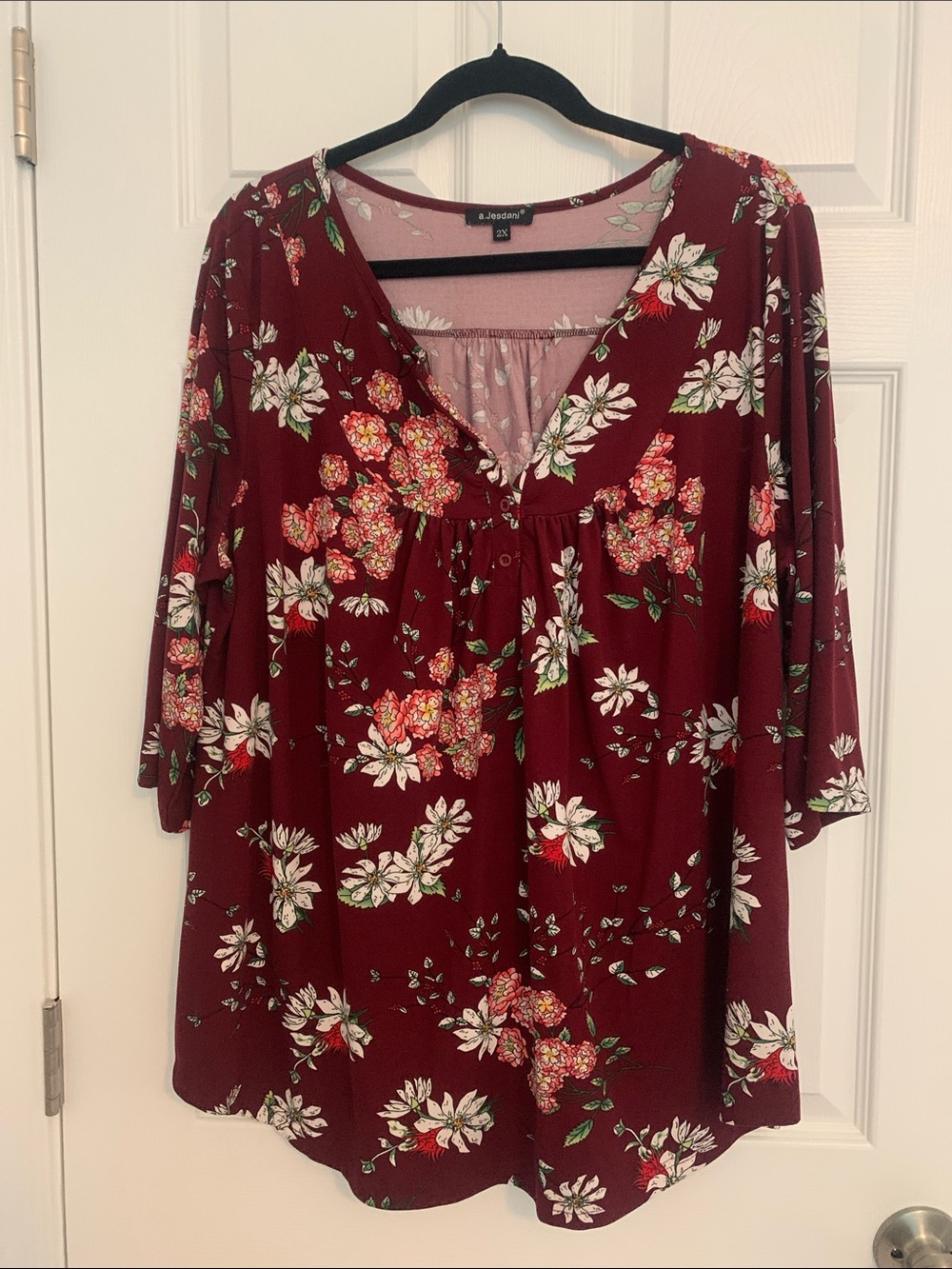 A.Jesdani Burgundy Floral V-Neck Tunic